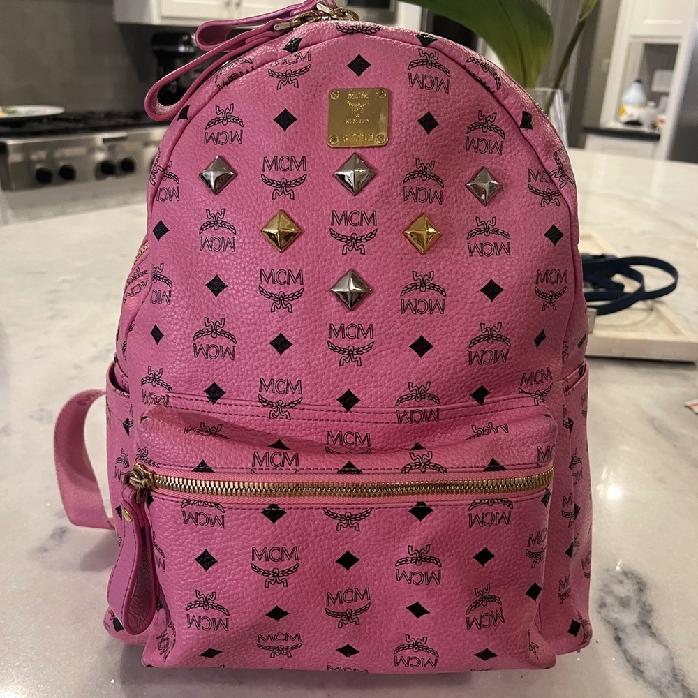 Pink Visetos MCM monogram stud Backpack Large